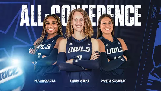 A graphic showing Emilia Weske, Nia McCardell and Danyle Courtley have been named to the AAC all-conference teams