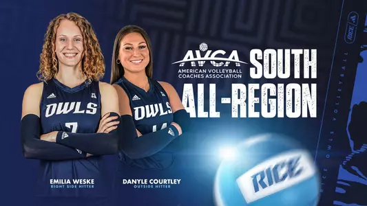 A graphic showing Emilia Weske and Danyle Courtley have been named to the 2023 AVCA South All-Region Team