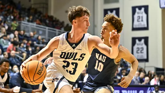 December 15, 2022: Rice Owls guard Alem Huseinovic (23) drives to the basket during the second half against the North American Stallions at Tudor Fieldhouse in Houston, Texas. Mandatory Credit: Maria Lysaker | Rice Athletics