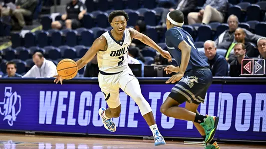 December 15, 2022: Rice Owls guard Mekhi Mason (2) controls the ball during the first half against the North American Stallions at Tudor Fieldhouse in Houston, Texas. Mandatory Credit: Maria Lysaker | Rice Athletics