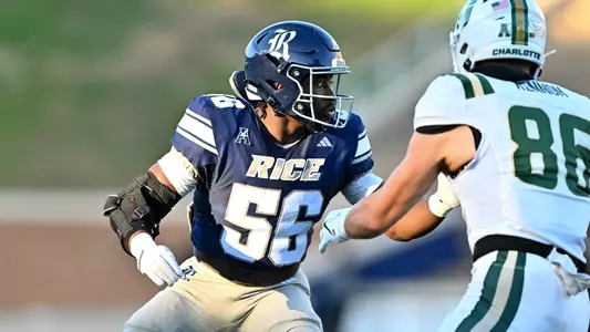 September 28, 2024, Houston, Texas, US: Blaise Tita During a game between the Charlotte 49er’s and the Rice Owls at Rice Stadium. The 49er’s defeated the Owls 21-20. Mandatory Credit: Maria Lysaker | Rice Athletics
