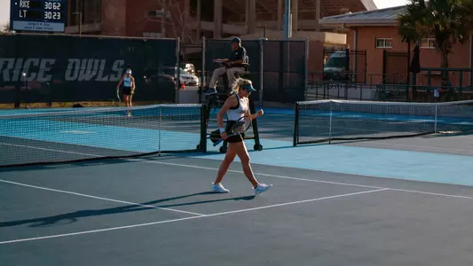 Rice women's tennis player Darya Schwartzman pumps her fist after winning a game during a recent match