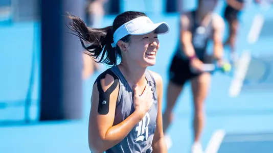 Rice women's tennis player Chie Kezuka celebrates after a point during a recent match