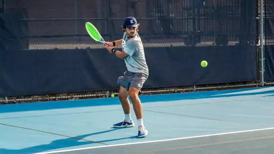 Rice tennis player Yasha Zemel lines up a shot during a recent practice