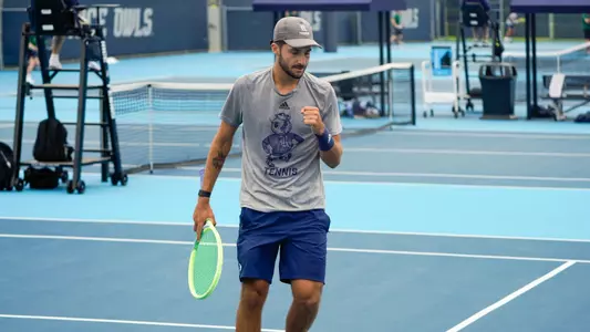 Rice men's tennis player Yasha Zemel celebrates a point during a recent match