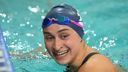Rice swimmer Arielle Hayon reacts after winning an event at the 2024 AAC Championships