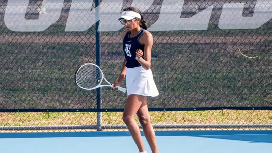 Rice women's tennis player Nithesa Selvaraj celebrates after a point during a recent match