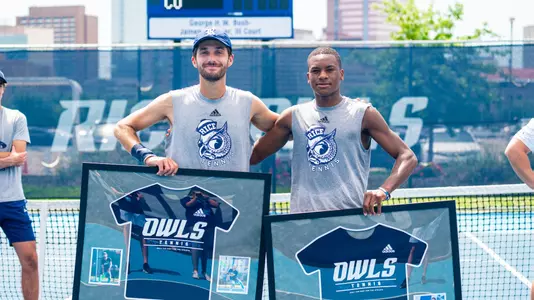 Rice men's tennis seniors Yasha Zemel (left) and Trinity Grear (right) celebrate Senior Day