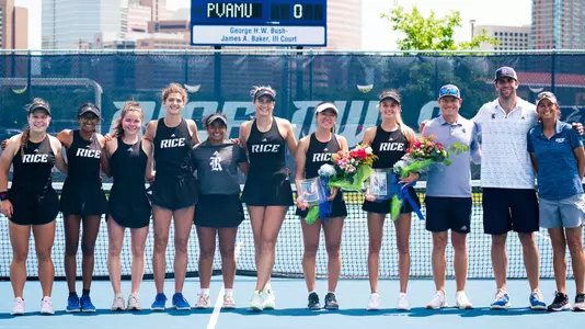The Rice women's tennis teams lines up for a photo during a Senior Day celebration for Federica Trevisan and Chie Kezuka