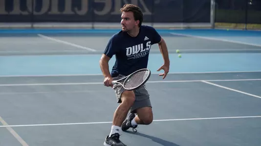 Rice men's tennis player Emir Sendogan makes a return shot during a recent practice