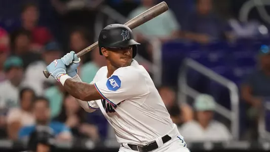 MIAMI, FLORIDA - JULY 6: Dane Myers #54 of the Miami Marlins bats in the game against the St. Louis Cardinals at loanDepot park on July 6, 2023 in Miami, Florida. (Jasen Vinlove/Miami Marlins/Getty Images)