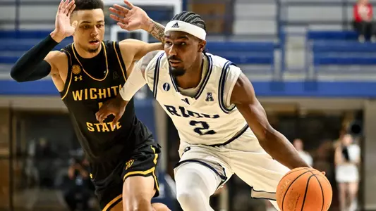 March 06, 2025, Houston, Texas, US: During a game between the Wichita State Shockers and the Rice Owls at Tudor Fieldhouse. Mandatory Credit: Maria Lysaker | Rice Athletics