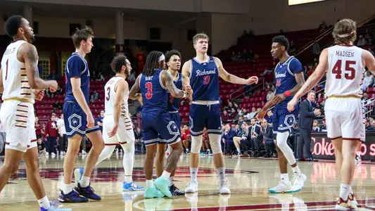Richmond Spiders huddle at the foul line during their game vs Boston College