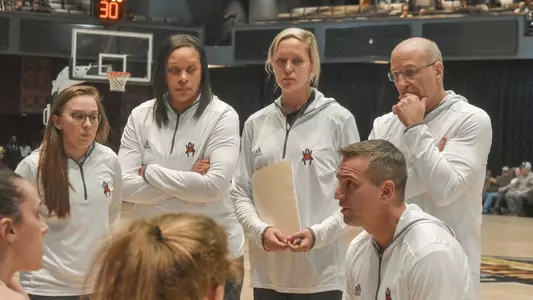 WBB coahces during a timeout against Cahttanooga