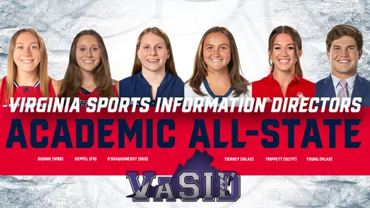 VaSID Academic All-State graphic featuring women’s basketball’s Addie Budnik, field hockey’s Tess Keppel, swimming and diving’s Claire O’Shaughnessy, women’s lacrosse’s Arden Tierney, women’s cross country and track’s Madison Trippett and men’s lacrosse’s Dalton Young,
