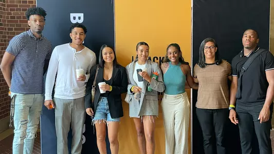 From left to right; Isaiah Bigelow, Quentin Southall, JoJo McShane, Logan Anderson, Maddy Sesay, Courtney Hughes and Fonnae Webb at the Black Student-Athlete Summit in California
