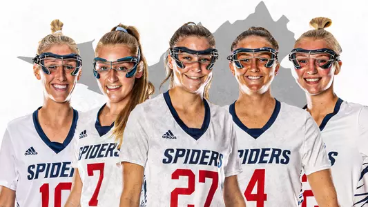 Virginia Sports Information Directors release header; from left to right is Maggie O'Brien (second team), Sophia DiCenso (first team), Lindsey Frank (first team), Arden Tierney (second team) and Hannah Custer (second team). They are all in their uniforms and wearing their face masks.