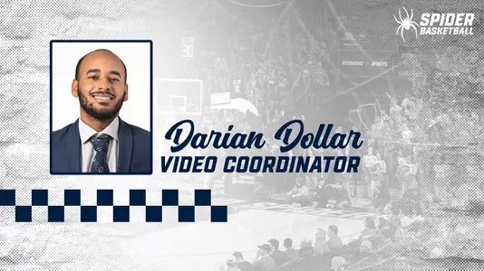 Graphic showing the headshot of coach Darian Dollar in front of a shot of the crowd at the Robins Center during a men's basketball game.