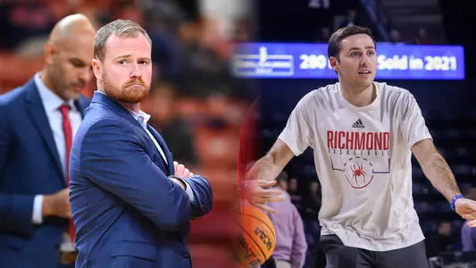 Mark McGonigal looks over his right shoulder while wearing a blue suit. Jack Fahed dribbles a basketball in his right hand while wearing a white Spiders t-shirt.