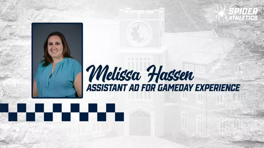 Melissa Hassen headshot on a graphic showing the Queally Center at UR.