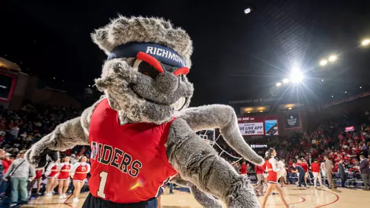 WebstUR looks to his right during a men's basketball game at the Robins Center.