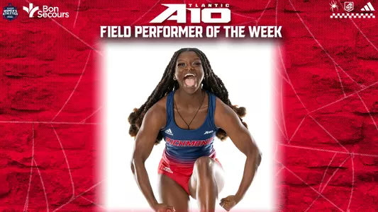Alicia Dawson A-10 Field Performer of the Week Graphic with a posed photo of her yelling into the camera