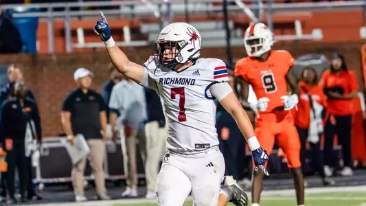 Matt Traynor celebrates a turnover on downs during Richmond's 27-24 victory over Campbell on Nov. 9, 2024
