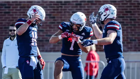 Landon Ellis dances as he celebrates a touchdown during Richmond's Homecoming win over Towson on Nov. 2, 2024