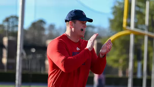 Richmond offensive line coach/run game coordinator Keegan Kennedy during practice on February 29, 2024