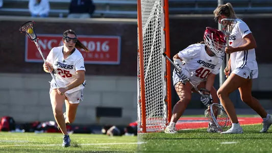 Split action image of Maggie Jordan and Abby Francioli. Jordan is running with the ball in her stick with no one around, Francioli is screaming in joy after saving a big goal