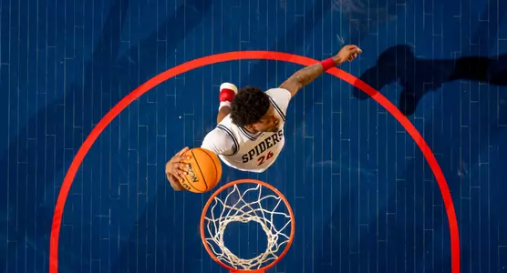A shot from the arena ceiling as Isaiah Bigelow grabs a rebound