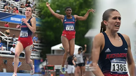 Combined action photos of Elizabeth Stockman, Alicia Dawson and Madison Trippett. Alicia Dawson is mid long jump in the air, Elizabeth Stockman is rounding the corner of a running event and Madison Trippett is looking at the scoreboard after her race