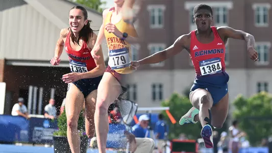 Combined action shots of Elizabeth Stockman and Alicia Dawson. Elizabeth is smiling as she is competing in the steeplechase event, Alicia is mid jump during the triple jump event