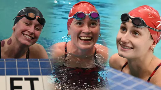 combined shots of Megan Carson, Katelyn Pennell and Lucy Yeomans smiling in the pool after they finished races