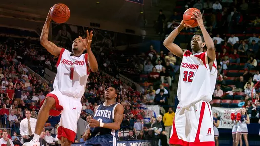 Side-by-side images of Tony Dobbins and Jermaine Bucknor playing at Robins Center in the early 2000s. Dobbins is attempting a layup and Bucknor is holding the ball above his head.