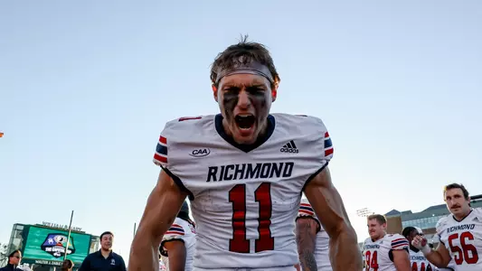 Nick DeGennaro screaming into the camera after Richmond won the Capital Cup over William & Mary in 2023