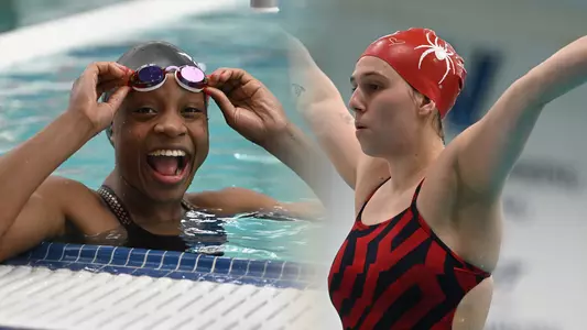 Merged images of Melissa Nwakalor and Lola Dragosavac. Nwakalor is smiling as she just ended a race, Dragosavac has her arms out, focused on her upcoming dive