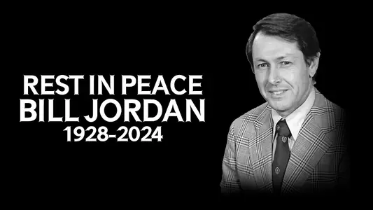 Obituary graphic for Bill Jordan with headshot and "Rest in Peace Bill Jordan 1928-2004" in writing