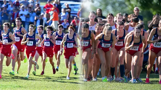 Combined photo of mens and women's cross country teams at the start line at 2023 Spider Alumni Open