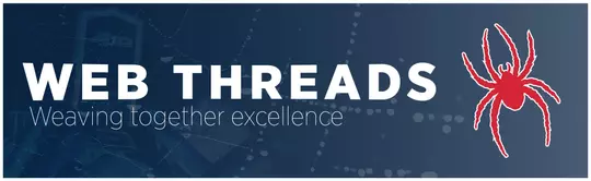 "Web Threads - Weaving Together Excellence" in text with a red spider on the right