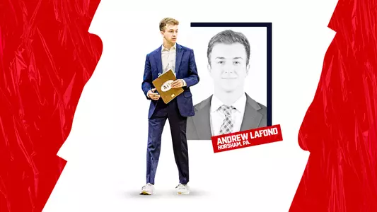 Andrew Lafond holds a clipboard in an action shot in front of his headshot