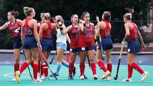 Spider field hockey celebrates earning a penalty corner