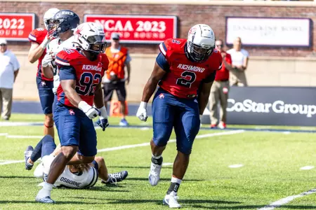 Jeremiah Grant celebrates a sack during Richmond's 38-0 loss to Charleston Southern on Sept. 14, 2024
