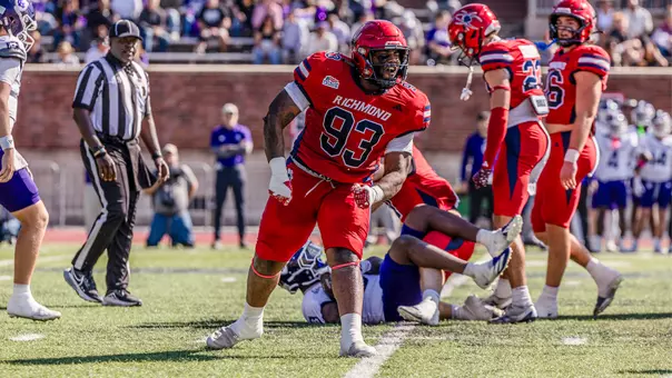 TJ Baldwin celebrates a tackle against Holy Cross on Oct. 18, 2025
