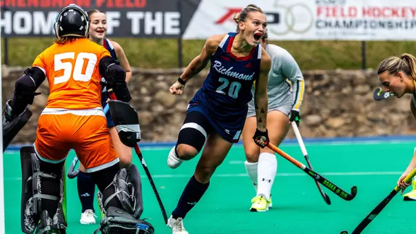 Spider field hockey's Clara Larripa celebrates scoring against William & Mary