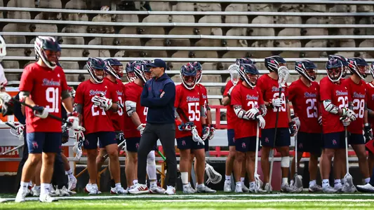 University of Richmond men's lacrosse team's sideline during its Feb. 1, 2025 game at Maryland