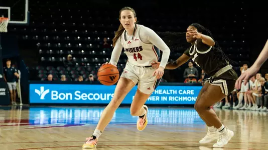Maggie Doogan dribbling against St. Bonaventure