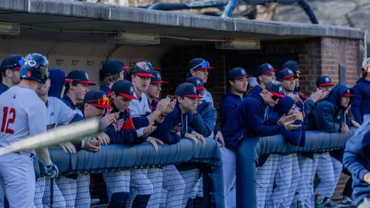Spider baseball team leans and cheers hanging out of the dugout