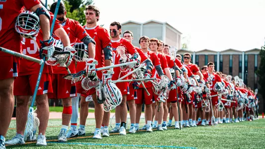 University of Richmond men's lacrosse team stands for the national anthem at their game against Saint Joseph's on April 25, 2025