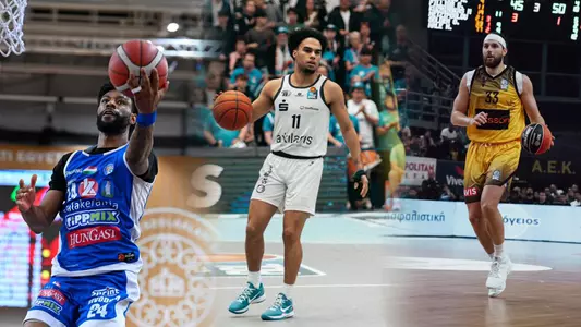Side-by-side images of Isaiah Bigelow, Jacob Gilyard, and Grant Golden playing in Europe